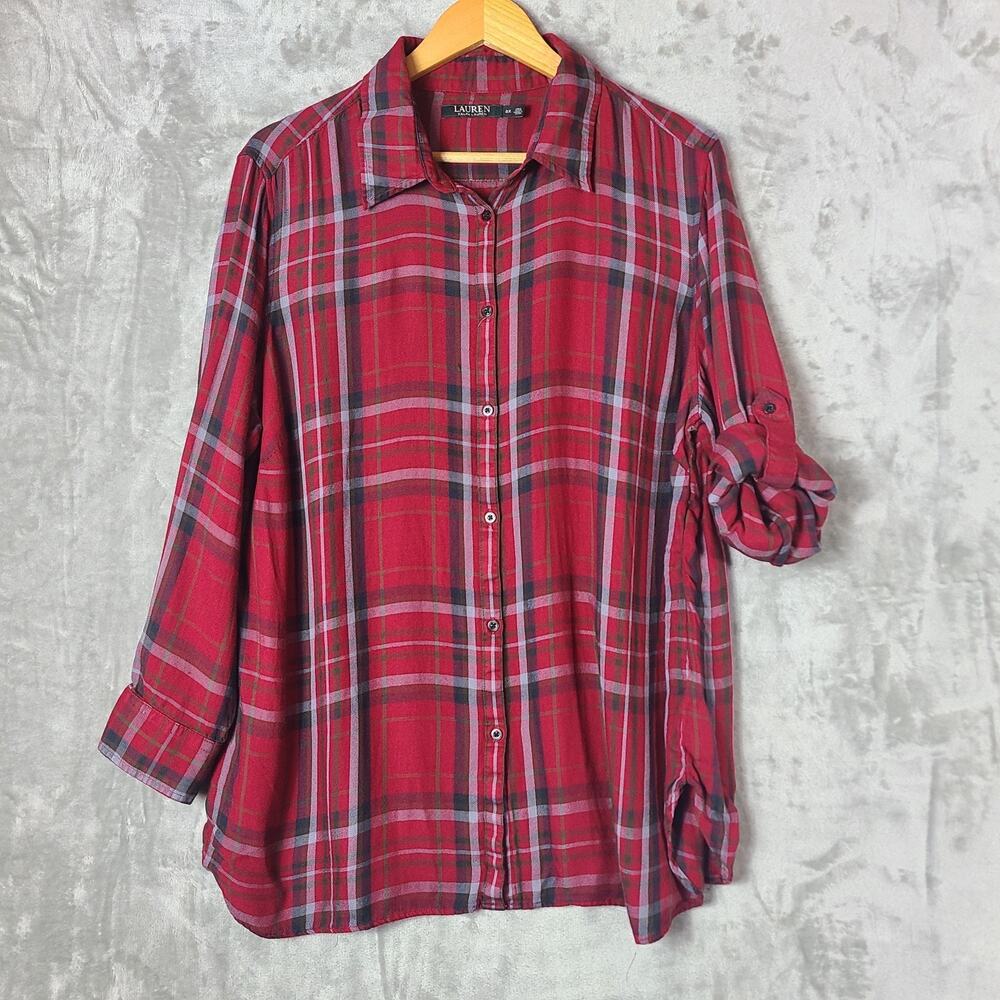 Lauren Ralph Lauren Lightweight Plaid Roll Tab Sleeve Button Up Viscose Size 2X